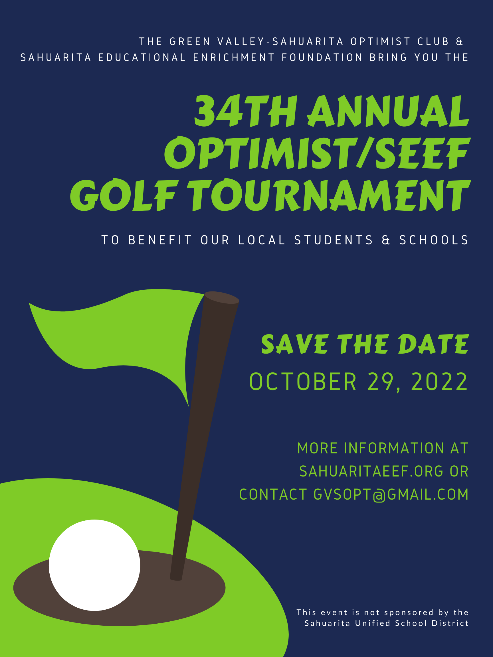 save the date for october 29th, 2022 for the 34th annual optimist seef golf tournament