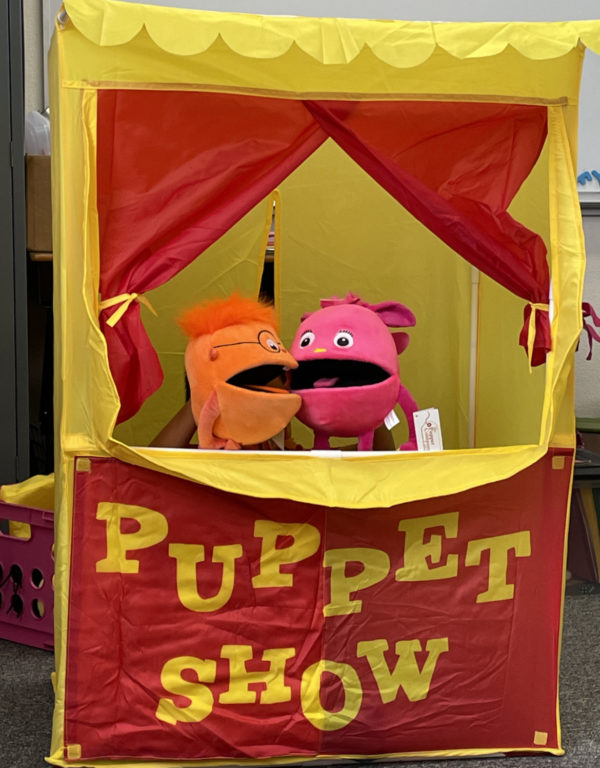 Two puppets in puppet show theater to illustrate one teacher mini grant funded by SEEF.